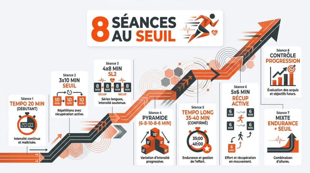Infographie illustrant 8 séances de course à pied au seuil sur un graphique en flèche ascendante.