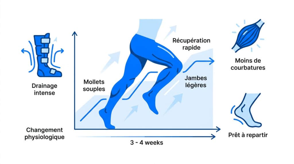 Infographie montrant les effets de la pressothérapie sur la récupération musculaire et les jambes après 3 à 4 semaines.