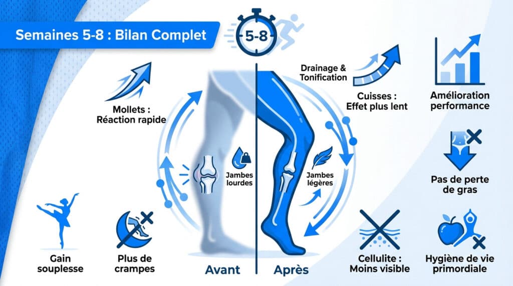 Infographie comparant les effets de la pressothérapie sur les jambes entre avant et après 8 semaines d'utilisation.
