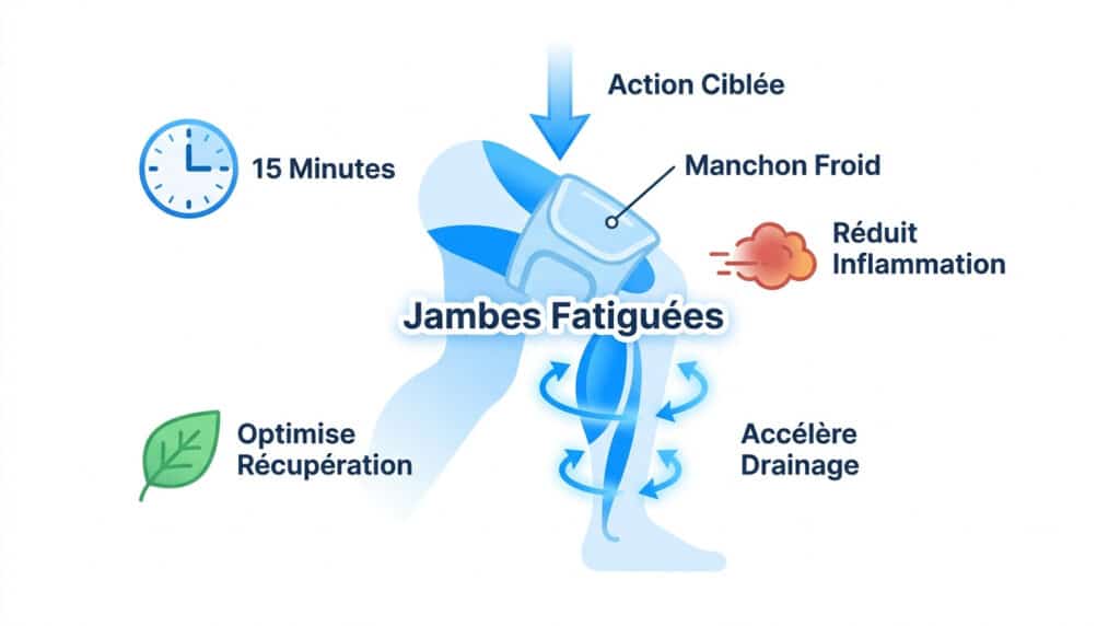 Schéma illustrant les bienfaits d'un manchon de cryothérapie sur une jambe pour soulager douleurs et fatigue.