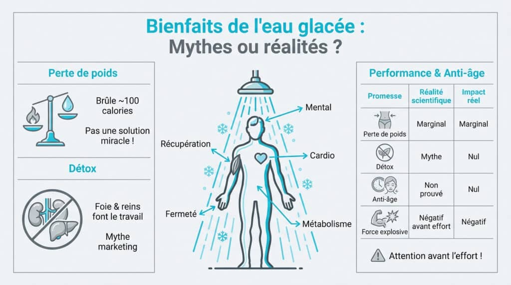 Infographie comparant les bénéfices réels et les mythes de l'exposition au froid pour la santé.