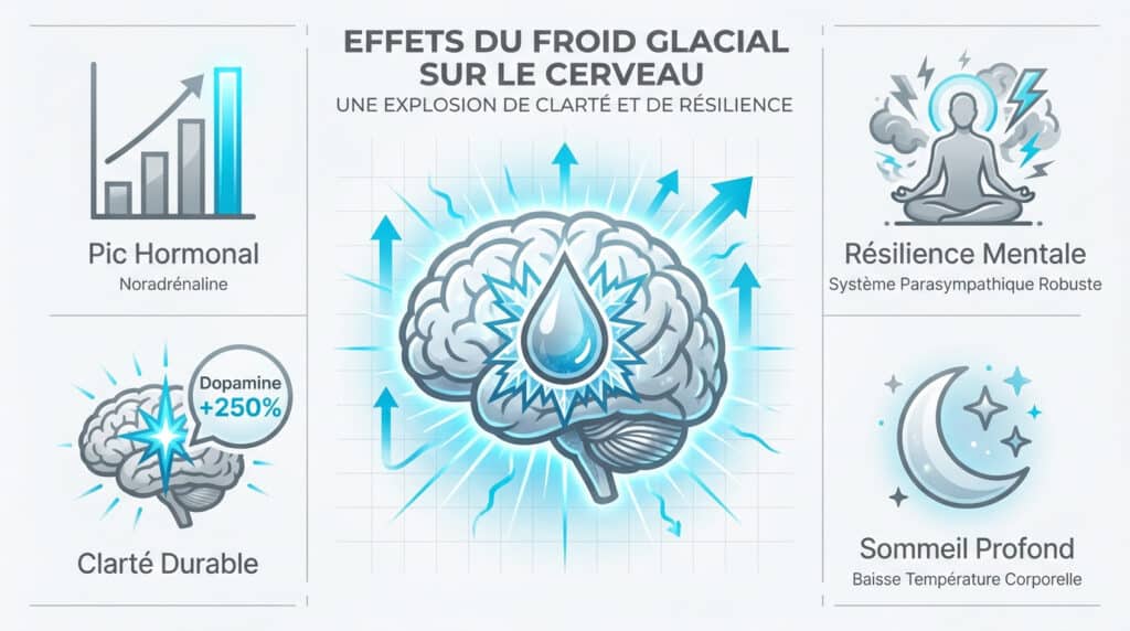 Infographie illustrant les bienfaits neurologiques de l'exposition au froid, incluant dopamine et résilience.