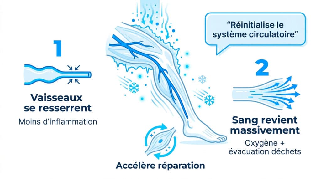 Schéma explicatif montrant les effets de la cryothérapie sur la circulation sanguine et la récupération musculaire.