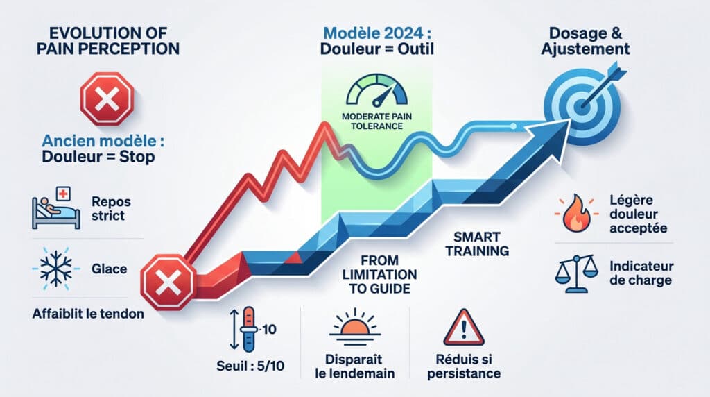 Infographie comparant l'ancien modèle (repos) et le nouveau modèle (exercice) pour la gestion de la douleur.