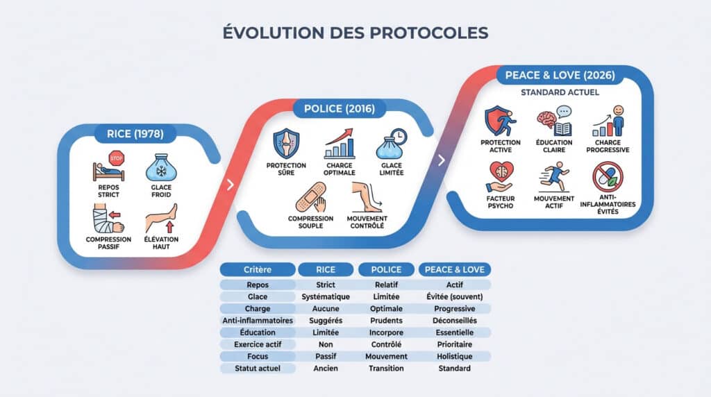 Infographie comparant les protocoles de soin RICE, POLICE et PEACE & LOVE pour les blessures.