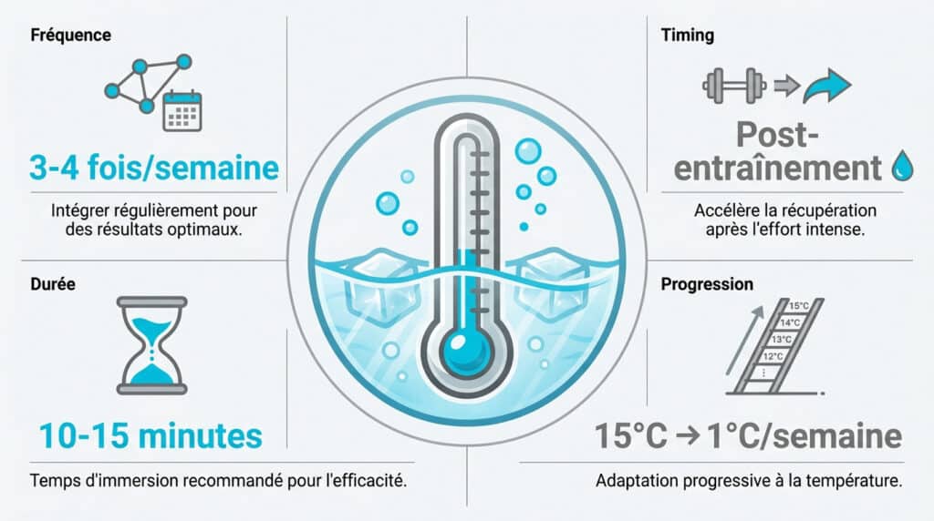 Infographie sur les bains froids détaillant la fréquence, le timing, la durée et la progression de la température.