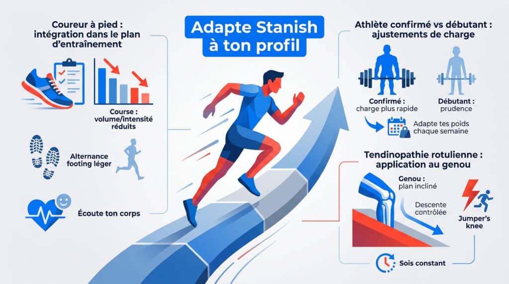 Infographie illustrant l'adaptation du protocole de Stanish pour la course à pied et la tendinopathie rotulienne.