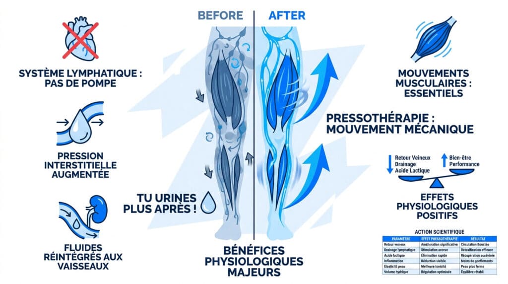 Infographie comparant les effets de la pressothérapie sur la circulation lymphatique et sanguine avant et après utilisation.