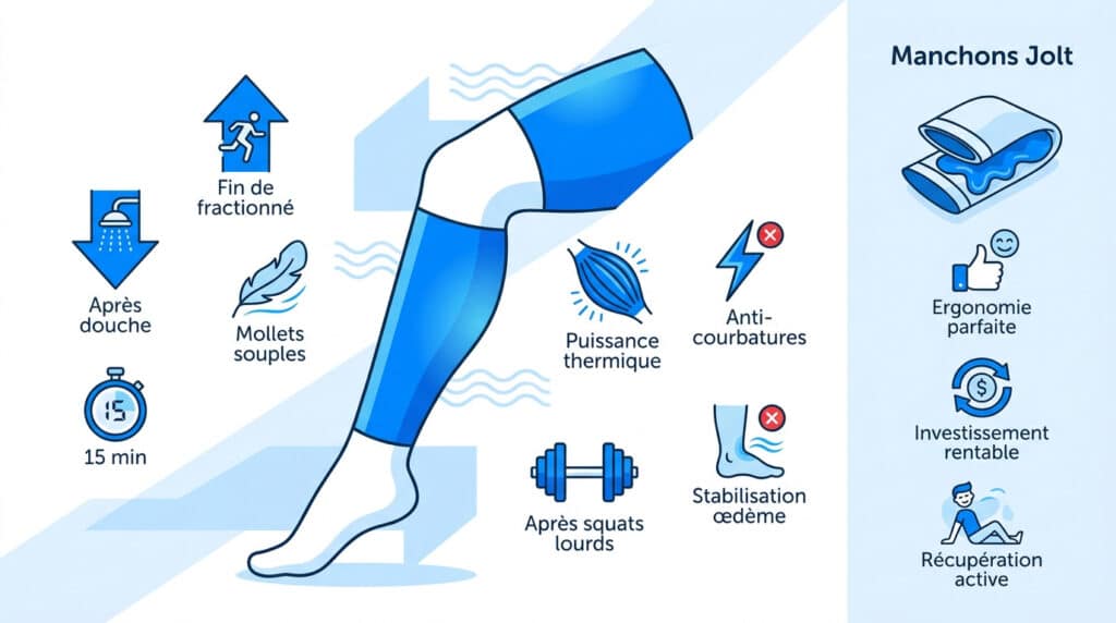 Infographie illustrant les bienfaits des manchons de cryothérapie pour la récupération musculaire des jambes.