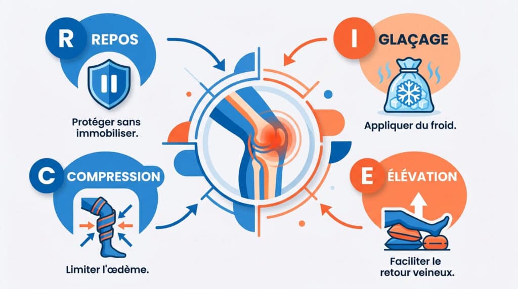 Schéma explicatif du protocole RICE avec les étapes Repos, Glaçage, Compression et Élévation appliquées à un genou.