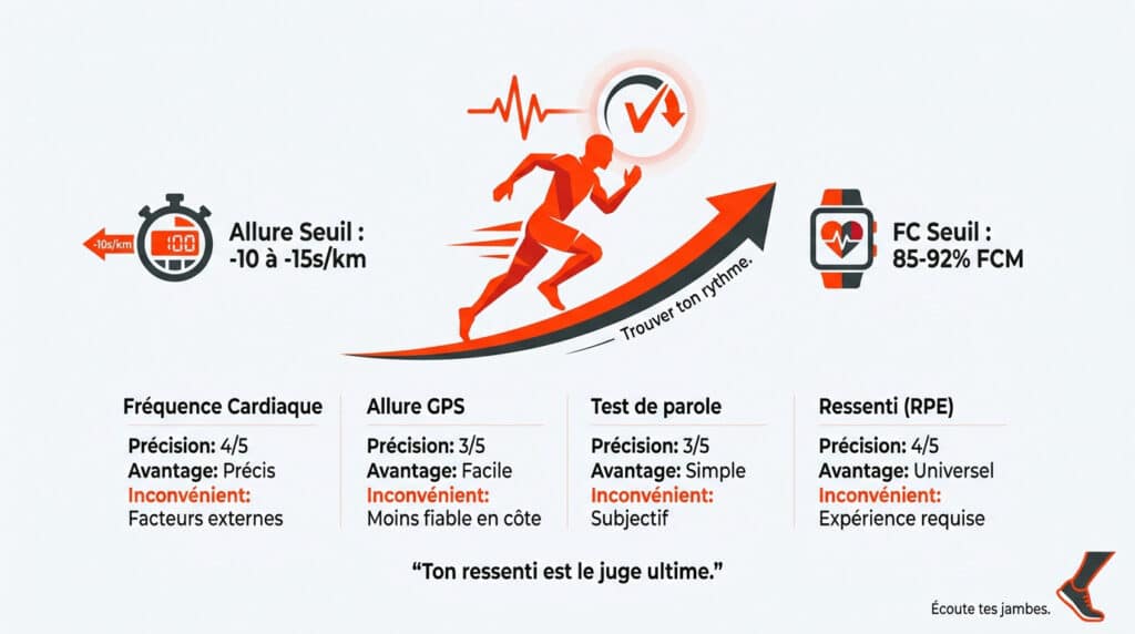 Infographie comparant les méthodes pour déterminer l'allure au seuil en course à pied.