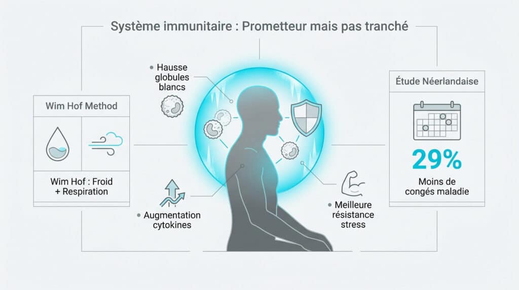 Infographie montrant les effets du froid et de la méthode Wim Hof sur le système immunitaire humain.
