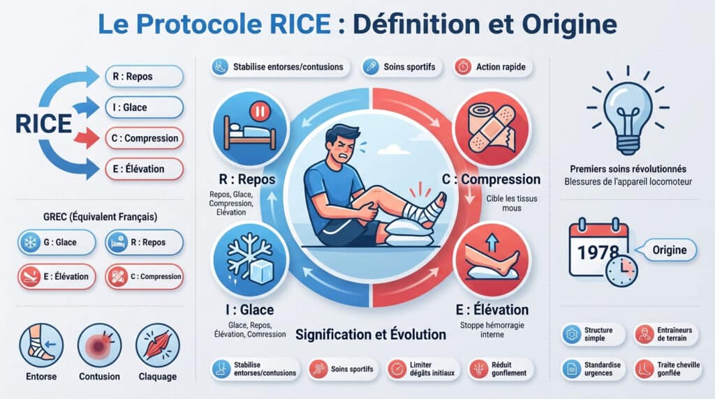 Infographie expliquant le protocole RICE (Repos, Glace, Compression, Élévation) pour le traitement des blessures sportives.