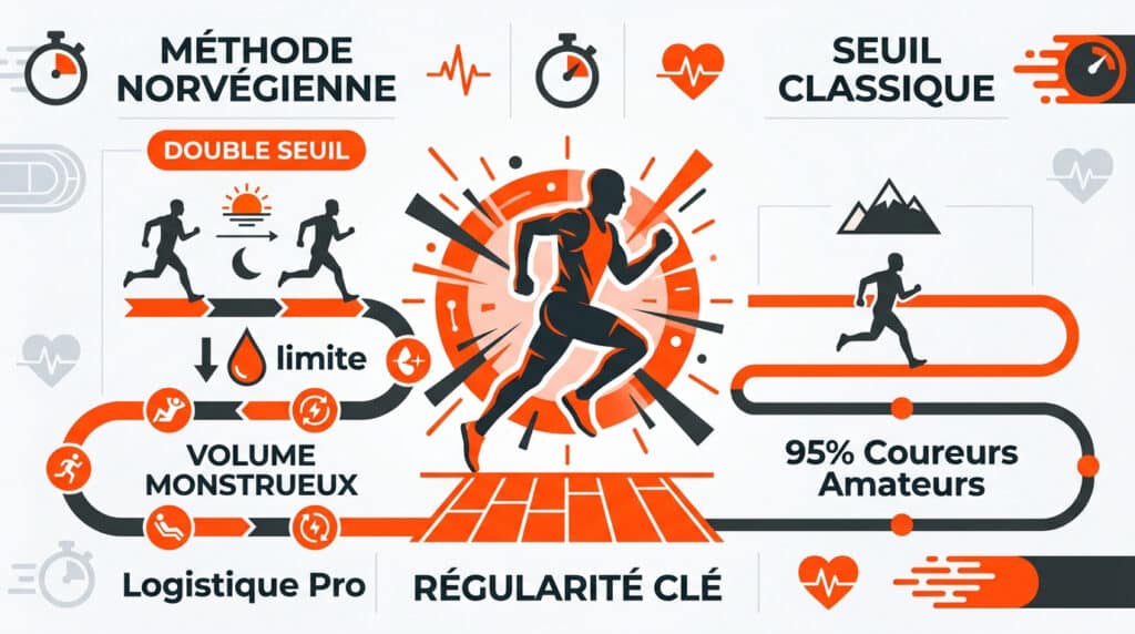 Infographie comparant la méthode d'entraînement au seuil norvégienne et le seuil classique pour les coureurs.