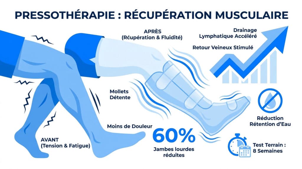 Infographie montrant les bienfaits de la pressothérapie sur les jambes avec avant/après et indicateurs de performance.