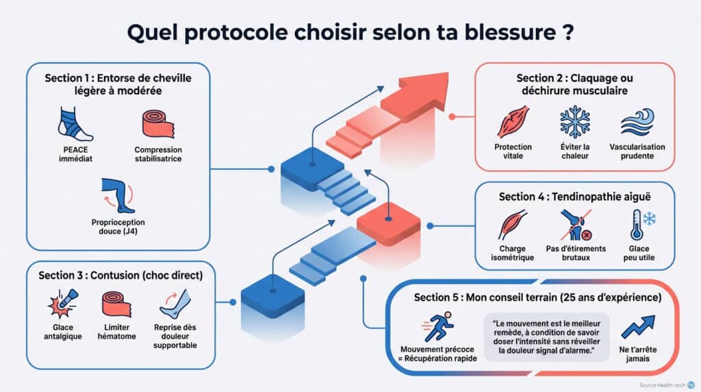 Infographie comparant les protocoles de soin pour entorses, déchirures, contusions et tendinopathies avec des conseils.