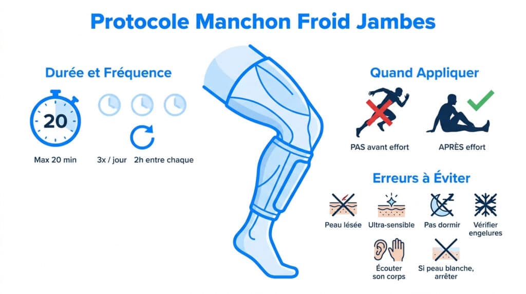 Infographie sur l'utilisation du manchon de froid : durée, fréquence, moments d'application et précautions à prendre.
