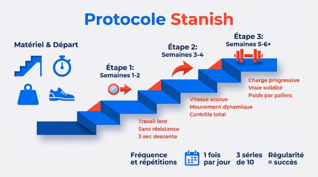 Infographie illustrant les 3 étapes de progression du Protocole de Stanish sous forme d'escalier.