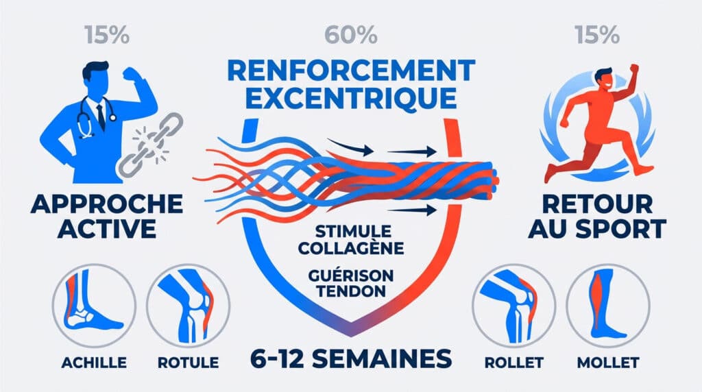 Schéma illustrant le renforcement excentrique pour la guérison des tendons avec des icônes de sport et d'anatomie.