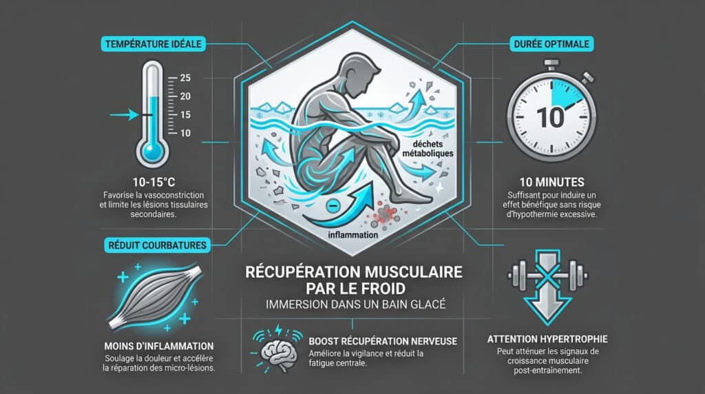 Infographie expliquant les bienfaits et paramètres optimaux d'un bain froid pour la récupération musculaire.