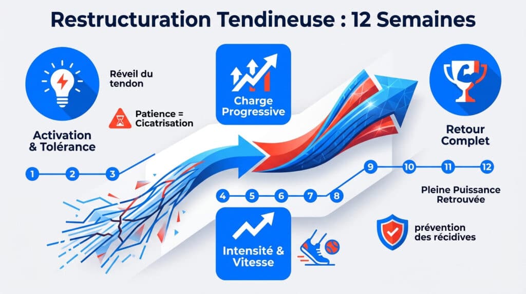 Infographie sur 12 semaines pour la restructuration tendineuse, montrant les étapes de charge progressive et de guérison.