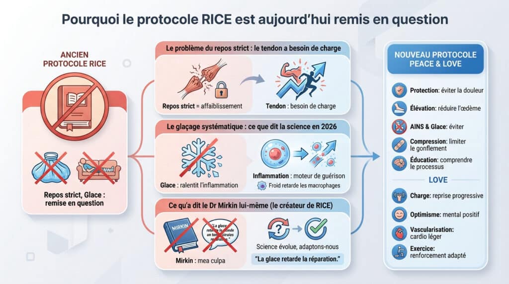 Infographie comparant l'obsolescence du protocole RICE au profit de la nouvelle méthode de soin PEACE & LOVE.