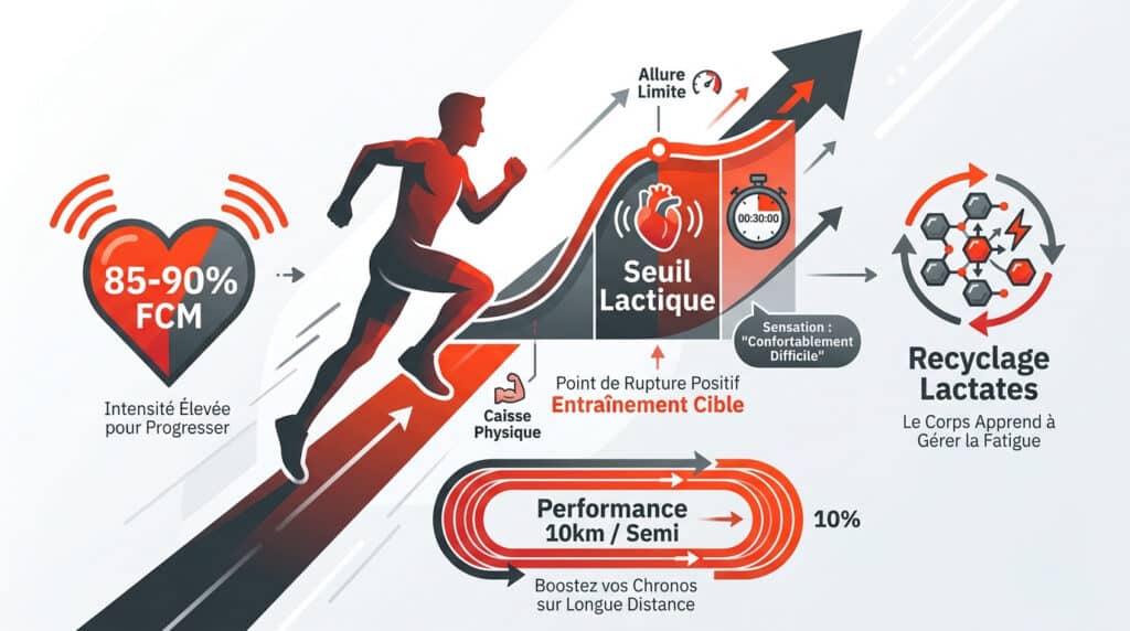 Schéma illustrant les bénéfices de l'entraînement au seuil en running sur la fréquence cardiaque et le recyclage des lactates.