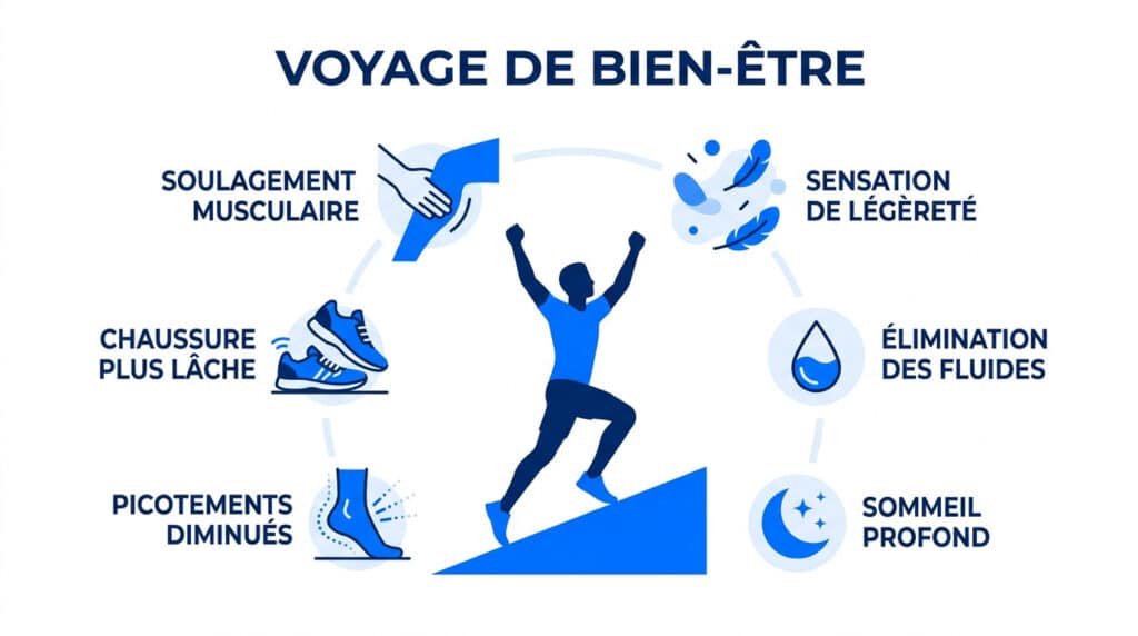 Infographie illustrant les bienfaits de la pressothérapie autour d'une silhouette courant sur une pente.