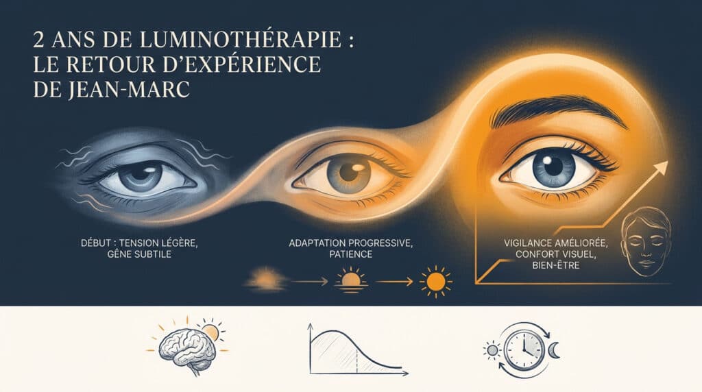 Illustration montrant l'évolution visuelle et le bien-être après deux ans d'utilisation de luminothérapie.