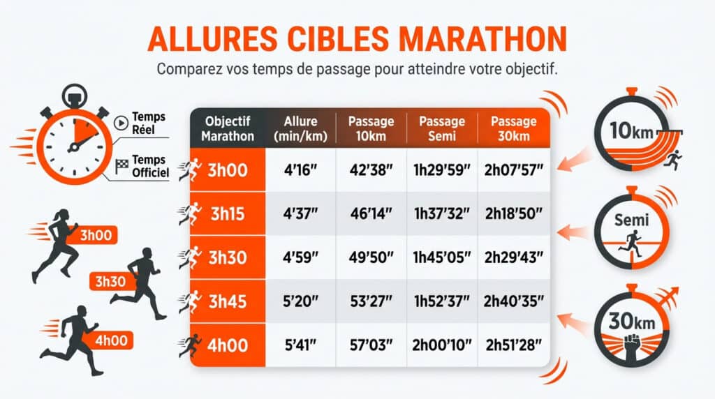 Tableau comparatif des allures et temps de passage par kilomètre pour différents objectifs de marathon.