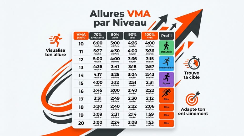 Tableau récapitulatif des allures de course (min/km) en fonction de la VMA et du niveau du coureur.
