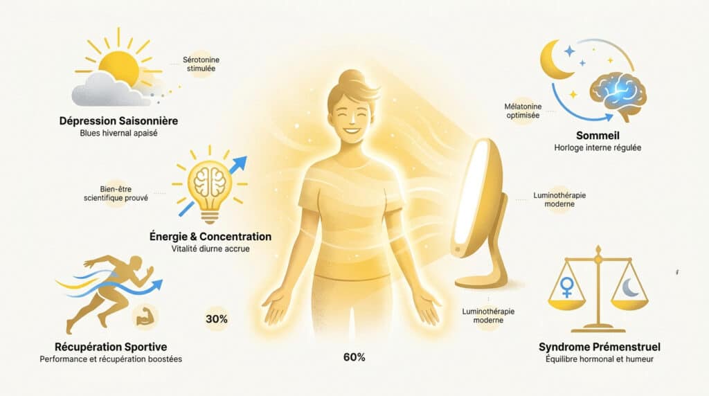 Illustration montrant une personne utilisant une lampe de luminothérapie entourée d'icônes illustrant ses bienfaits.