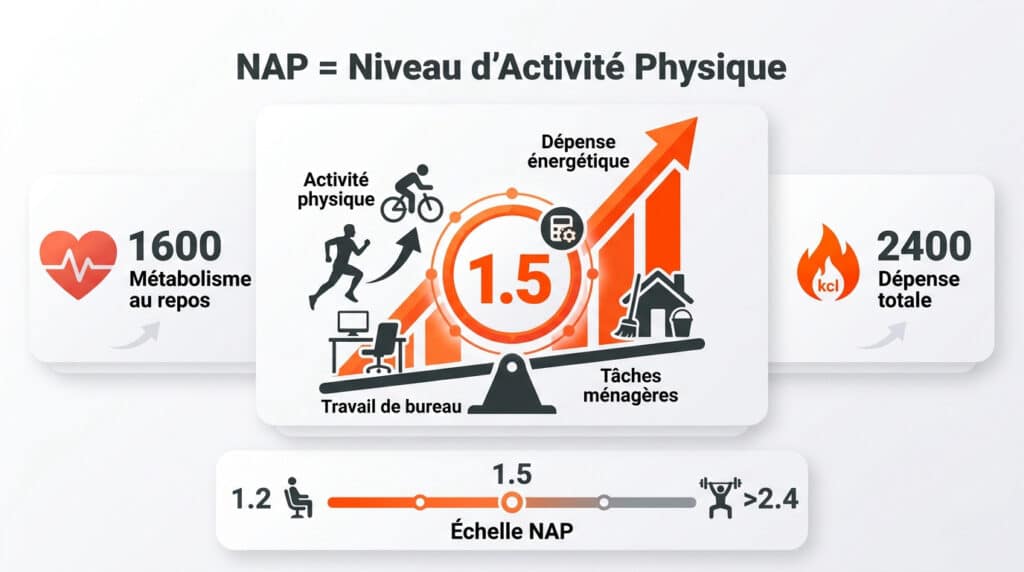 Infographie expliquant le NAP : métabolisme au repos, dépenses énergétiques, activités physiques et échelle de niveau.