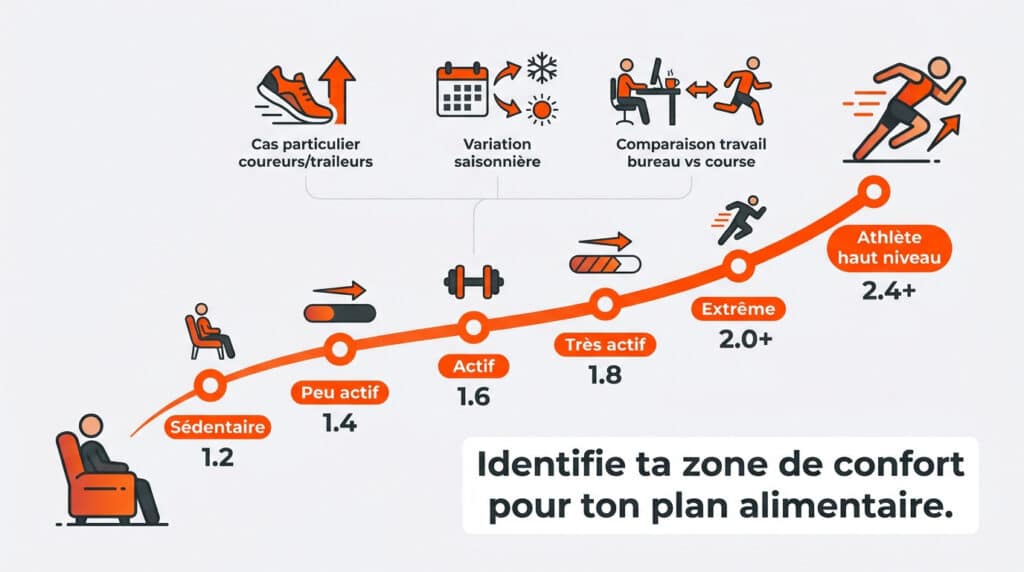 Infographie montrant les niveaux d'activité, de sédentaire à athlète, avec des indices caloriques associés.
