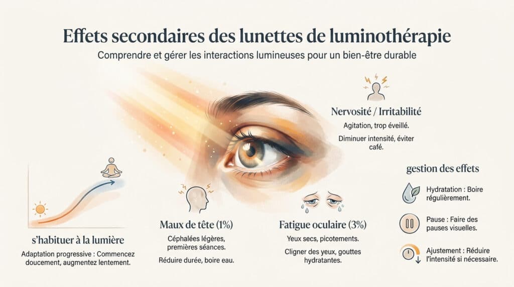 Infographie sur les effets secondaires des lunettes de luminothérapie, illustrant un œil exposé à une lumière vive.