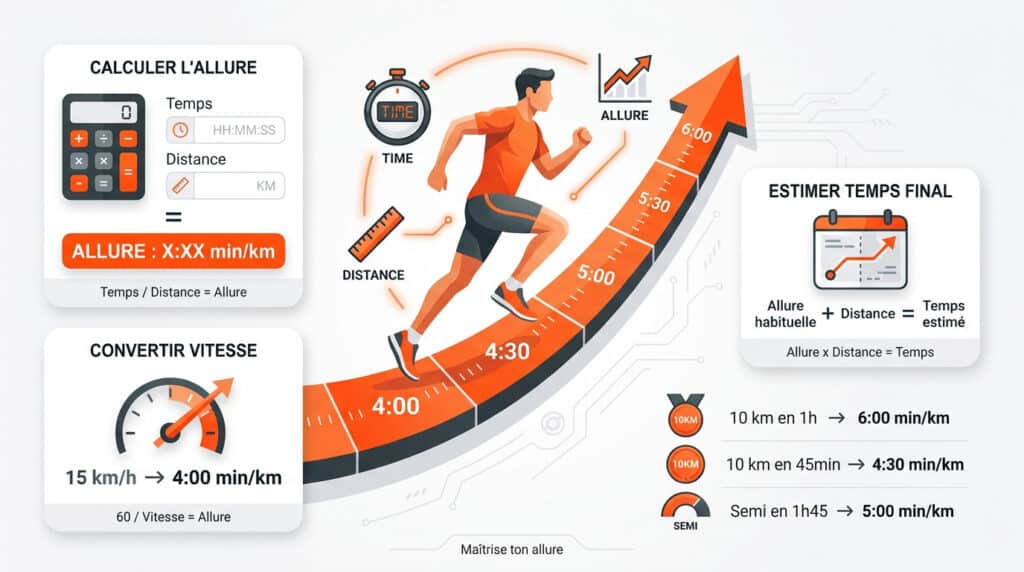 Illustration d'un coureur sur une flèche ascendante avec des outils de calcul pour l'allure, la vitesse et le temps de course.