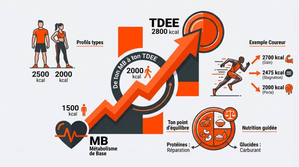 Infographie expliquant la différence entre le métabolisme de base (MB) et la dépense énergétique totale (TDEE).