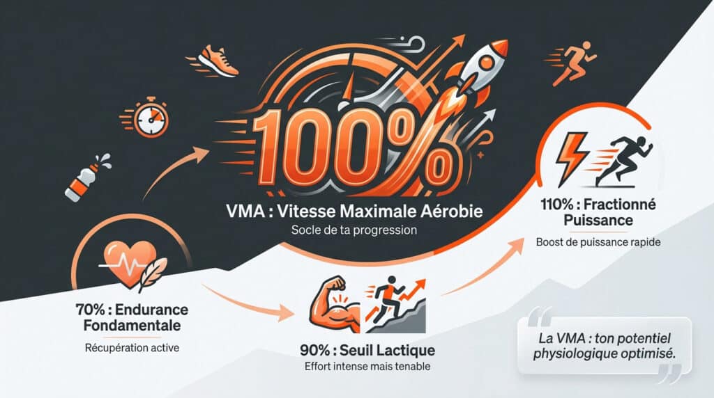 Infographie sur la VMA illustrant les zones d'intensité de course à pied : 70%, 90%, 100% et 110% de la VMA.