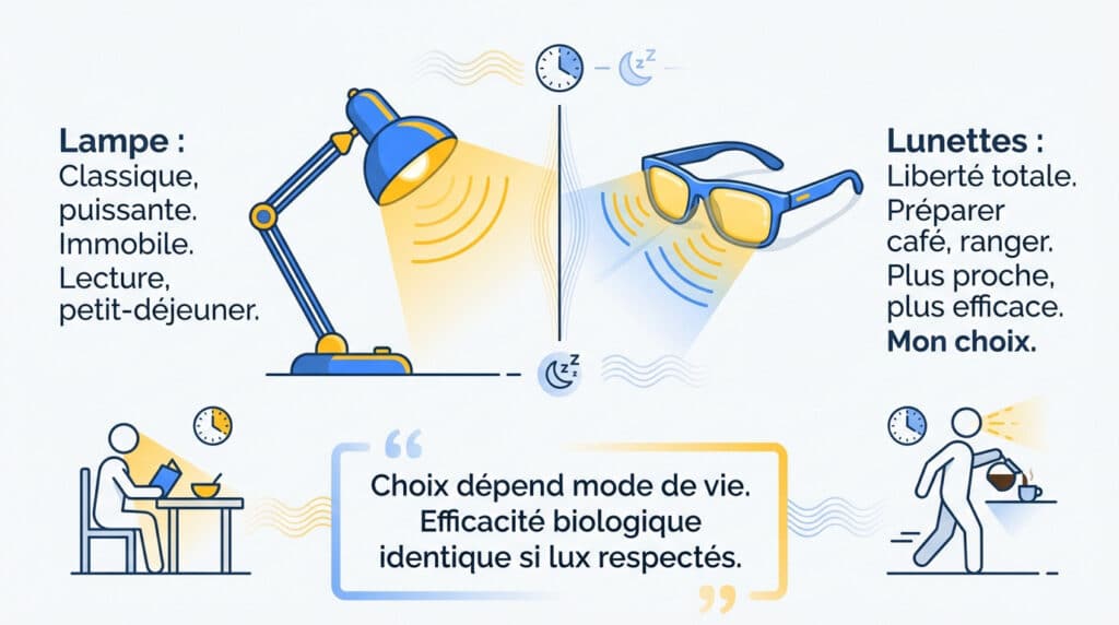 Comparaison illustrée entre une lampe de luminothérapie et des lunettes de luminothérapie pour améliorer le sommeil.