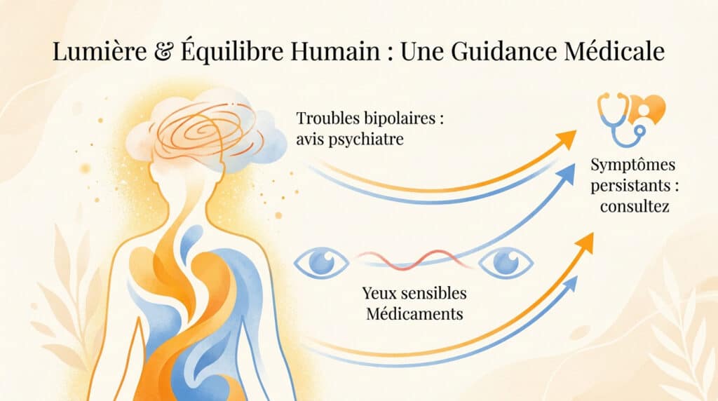 Illustration montrant le lien entre la lumière, la santé mentale et l'importance de consulter un médecin.