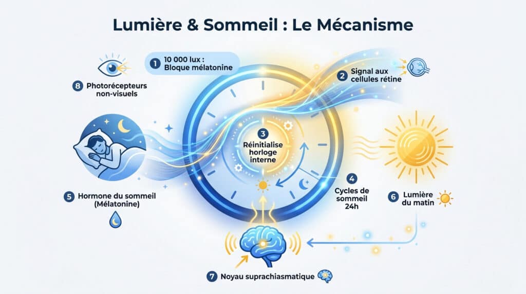 Schéma illustrant l'impact de la lumière sur l'horloge biologique, la mélatonine et les cycles de sommeil.