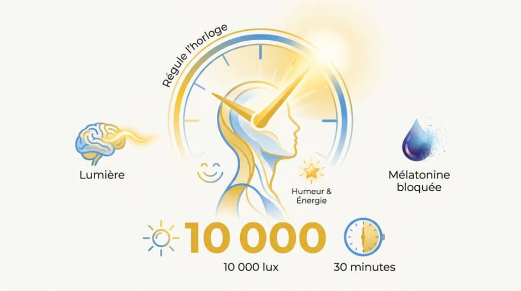 Infographie montrant le fonctionnement de la luminothérapie sur l'horloge biologique, la mélatonine et l'énergie.