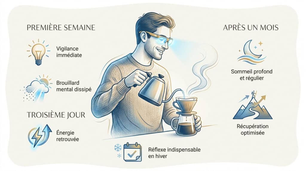 Illustration montrant les étapes et bénéfices de la luminothérapie avec un homme portant des lunettes de lumière.