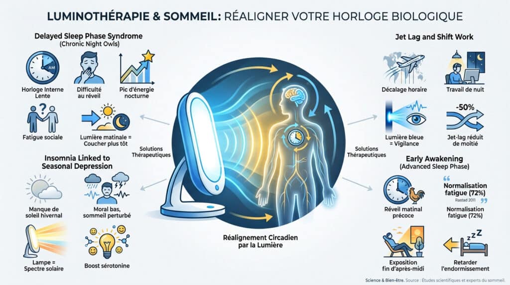 Infographie illustrant comment la luminothérapie aide à réguler le rythme circadien pour améliorer le sommeil.