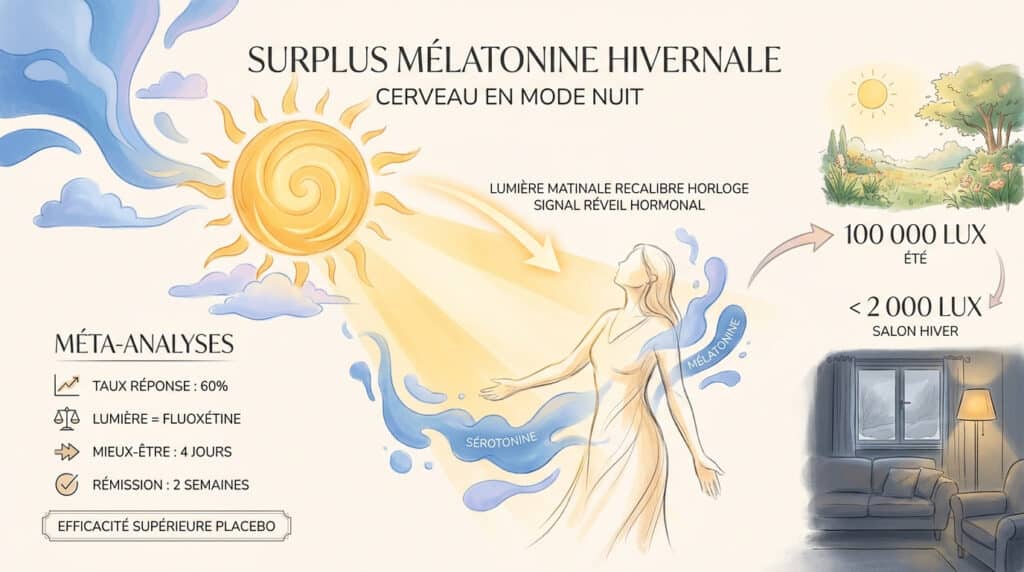 Illustration expliquant l'impact de la lumière sur la mélatonine, la sérotonine et la dépression saisonnière.