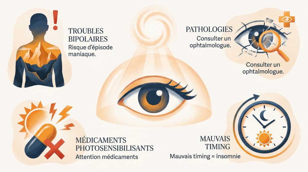 Infographie illustrant les risques et précautions liés à l'usage des lunettes de luminothérapie.