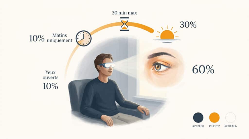 Illustration montrant les recommandations d'usage pour des lunettes de luminothérapie : matin, durée, yeux ouverts.