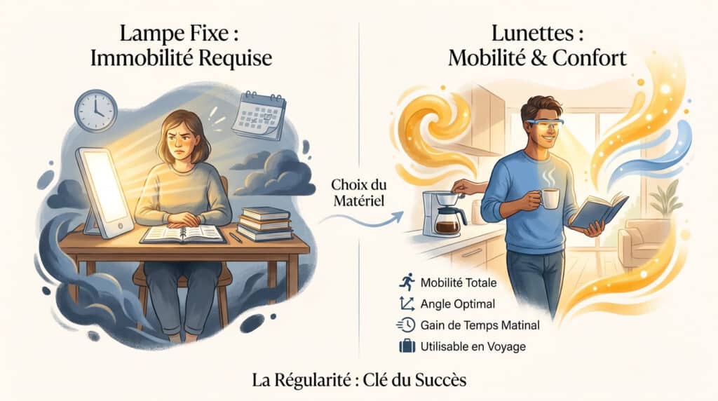 Illustration comparant l'usage d'une lampe de luminothérapie fixe et de lunettes de luminothérapie mobiles.