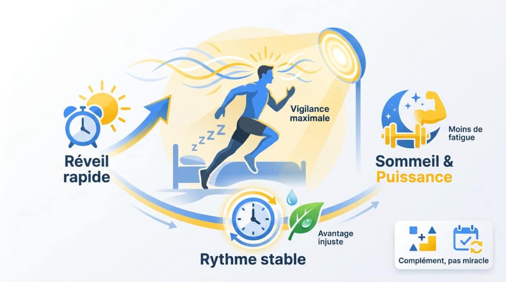 Infographie illustrant les bénéfices de la luminothérapie sur le sommeil, l'éveil et la régulation du rythme circadien.