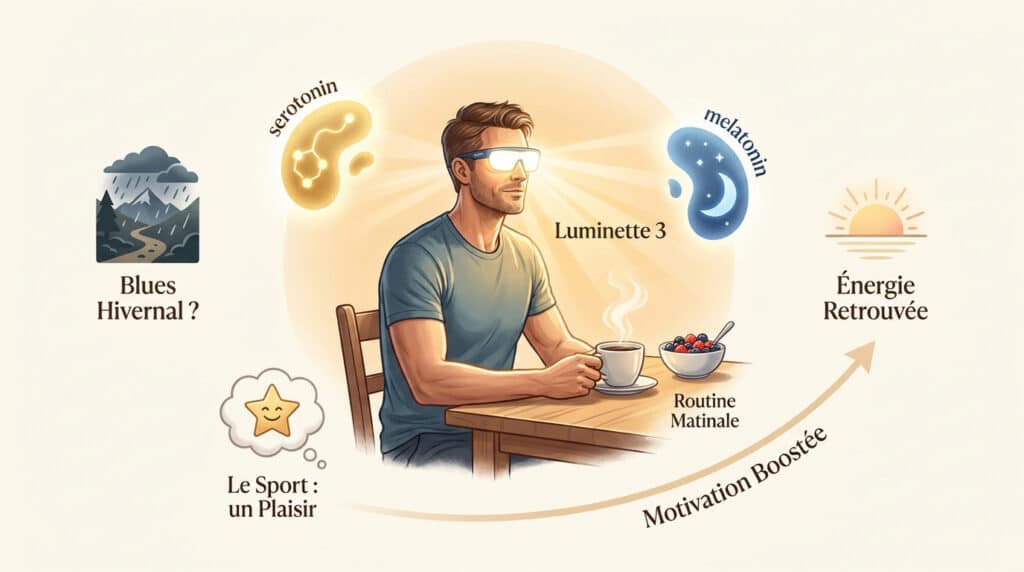 Illustration d'un homme utilisant des lunettes de luminothérapie Luminette 3 lors de son petit-déjeuner.